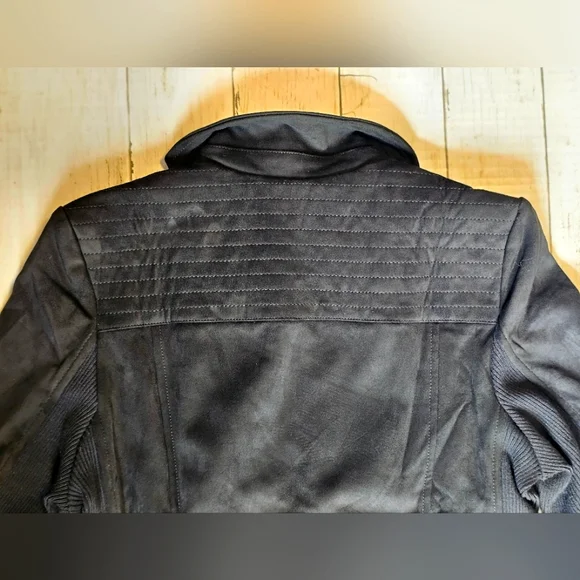 NEW SPYM Sleek Black Faux Suede Moto Stretchy Jacket Ribbed Sides & Sleeves - Picture 10 of 12